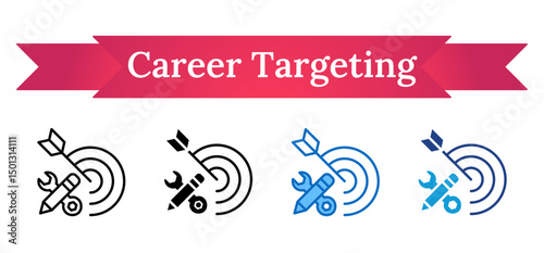 Career Targeting - Multi Style Outline, Glyph Silhouette, Blue, Dual Tone Icon - Tools, pencil, and dart hitting a target, representing goal setting and skill alignment in career development