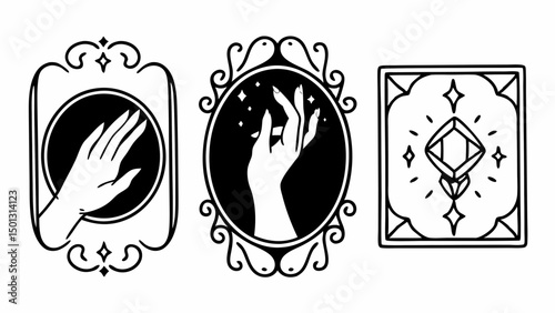 Three framed illustrations featuring hands and a diamond with decorative borders and mystical elements created with generated ai