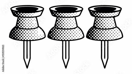 Three halftone pushpins with black outline and white background in a row stationery objects created with generated ai