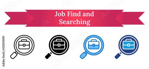 Job Find and Searching - Multi Style Outline, Glyph Silhouette, Blue, Dual Tone Icon - Magnifying glass over a briefcase, representing active job hunting and employment discovery