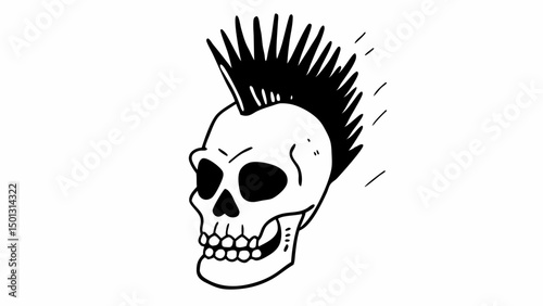 Illustration of a skull with a mohawk hairstyle in black and white simple line drawing style design created with generated ai