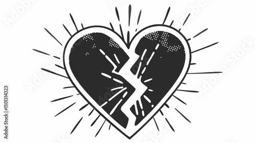 Illustration of a cracked heart with radiating lines in black and white tattoo style design element created with generated ai
