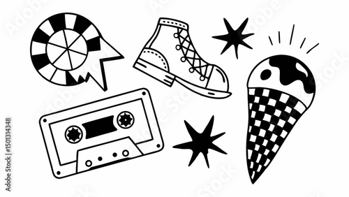 Black and white doodle art featuring a cassette tape, shoe, ice cream cone, stars, and a broken disc created with generated ai