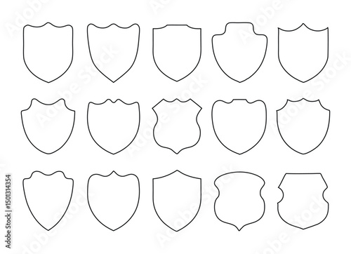 Collection of 15 Blank Outline Shields  Perfect for Logos, Badges, and Crests.  Versatile Designs for Various Projects. Downloadable Vector Graphics for Easy Customization.