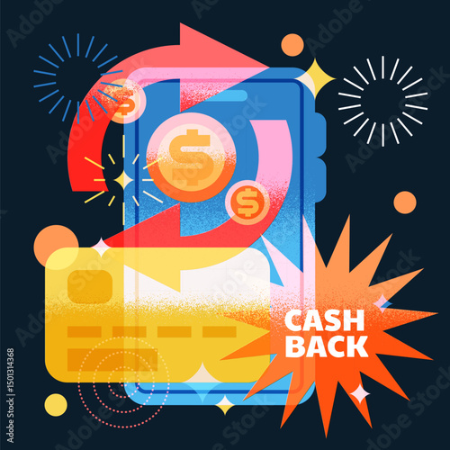 Smartphone, credit card, arrows, coins cashback money service concept. Cash back transfer payment vector design elements