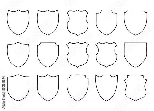 Collection of 15 Blank Outline Shields  Perfect for Logos, Badges, and Crests.  Versatile Designs for Various Projects. Downloadable Vector Graphics for Easy Customization.