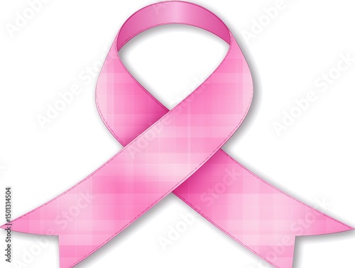 A pink ribbon symbolizing breast cancer awareness against white background