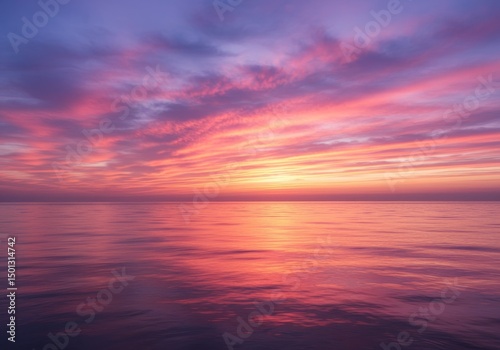 Photo of a Vivid Sunset Sky Reflection over Calm Ocean Water
