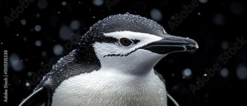 Black and white penguin on the background of falling snow. Applicable in articles about wildlife, Antarctica, ecology. photo