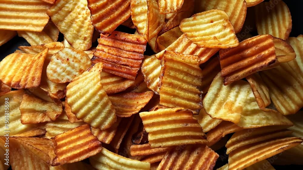 Pile of golden, crispy, ridged potato chips Pile of golden, crispy, ridged potato chips