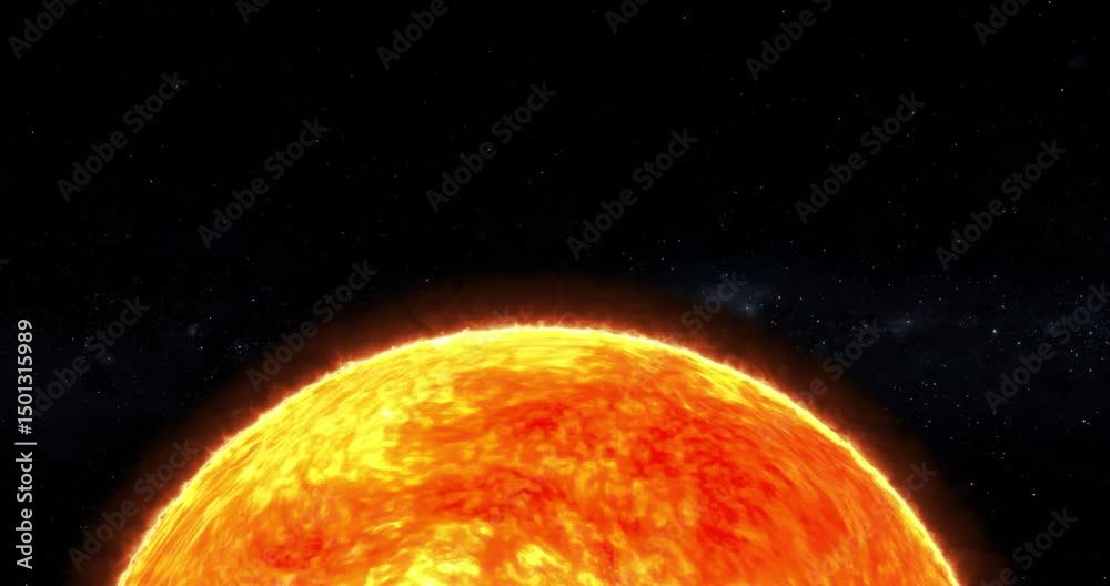 Sun edge landscape video with solar flares and stars background