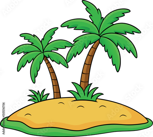 Tropical Island Paradise with Palm Trees, Sandy Beach, Ocean Waves, Lush Greenery, Exotic Vacation Destination, Summer Getaway, Coastal Landscape, Relaxing Resort, Nature Travel Illustration, Cartoon 