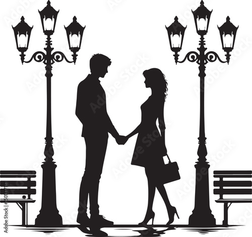 Vector art of Silhouette of a couple in love holding hands near street lamps isolated on white background