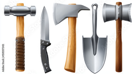 Game icons of hammer, axe, shovel, toe and knife. Carpentry and garden tools, cultivated equipment. Dagger and ax with metal blade and wooden handle, vector cartoon set