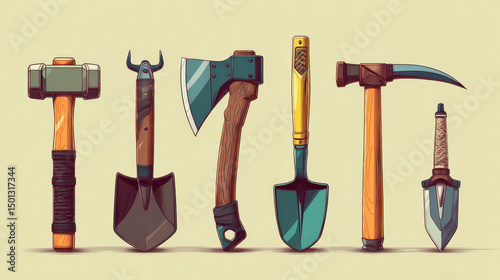 Game icons of hammer, axe, shovel, toe and knife. Carpentry and garden tools, cultivated equipment. Dagger and ax with metal blade and wooden handle, vector cartoon set