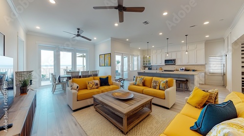 Bright open living space featuring yellow sofas and a view of the ocean from the dining area inside