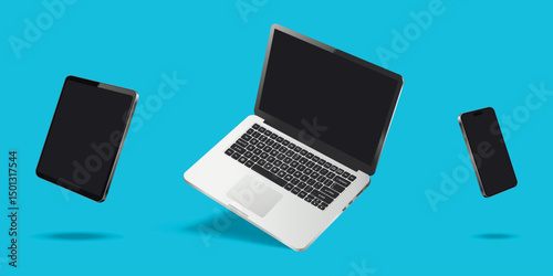 Laptop computer, smartphone and tablet while levitating in the air on a blue background