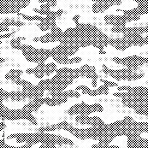 Halftone camouflage pattern background. Classic military clothing style. Masking camo repeat print. Black and white seamless camouflage halftone texture.
