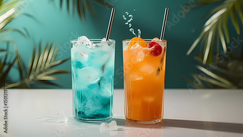 Two vibrant and refreshing cocktails or mocktails in clear highball glasses, complete with metal straws, set against a blurred tropical background with palm leaves.