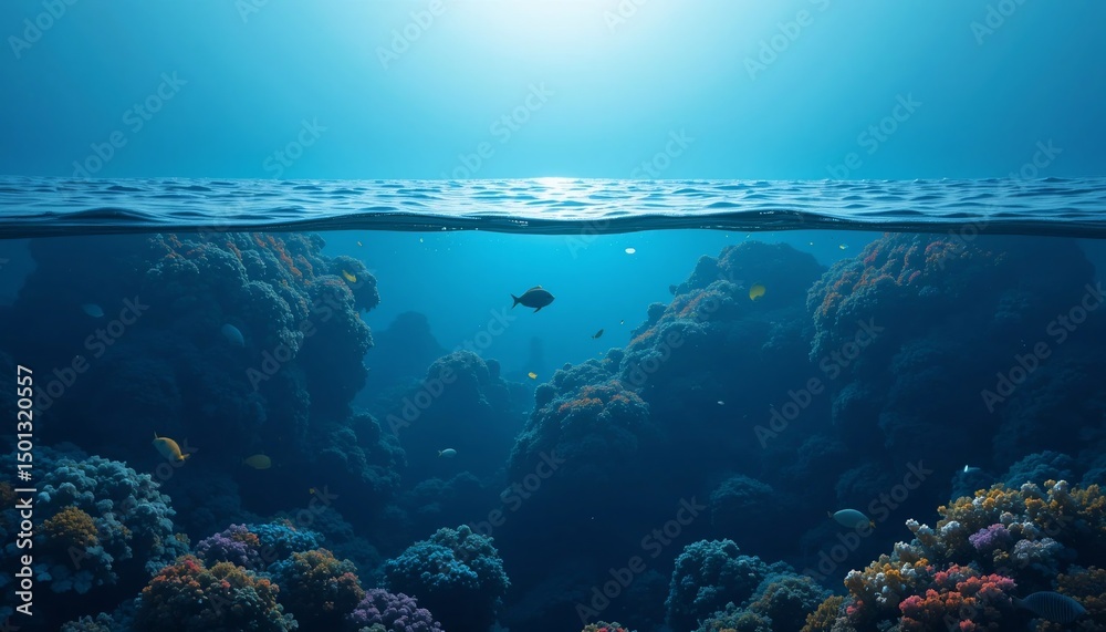 Fototapeta premium Stunning Underwater Scene Vibrant Coral Reef with Fish Ocean Surface View