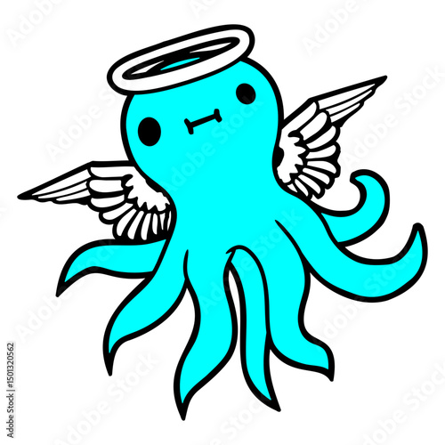 Octopus angel wings halo flies kraken tentacle fun Isolated Vector Graphic Design Illustration
