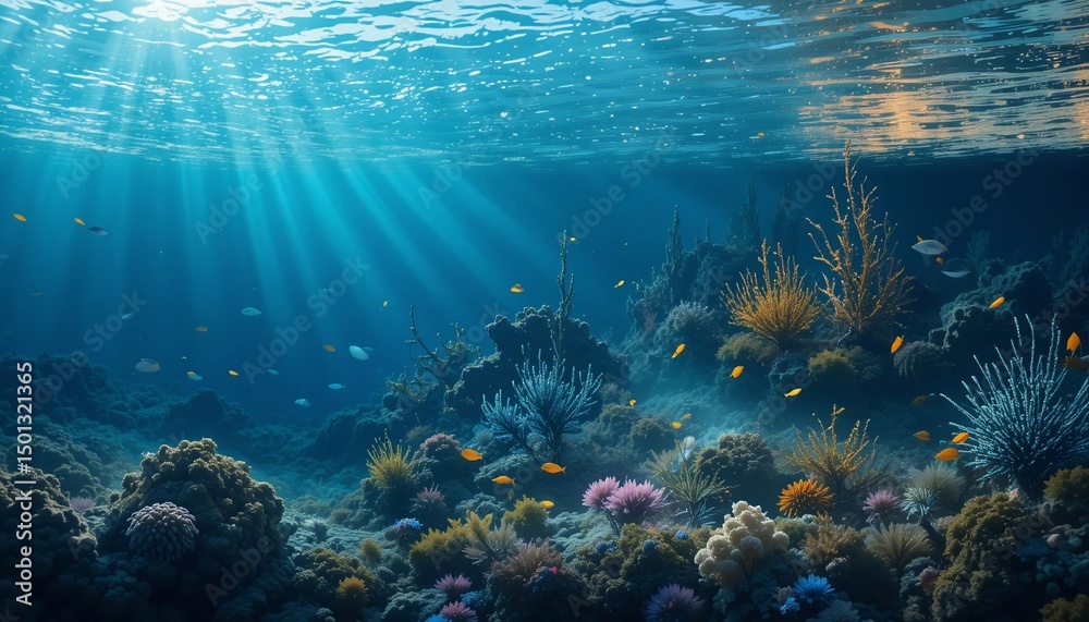 Naklejka premium Vibrant Underwater Coral Reef Scene with Sunbeams Colorful Fish and Diverse Marine Life