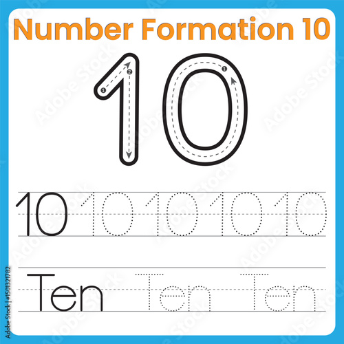 Number Formation 10, 10 Formation, Formation Number 10, Tracing Number 10, Number 10 Worksheet, Handwriting Practice 10, Preschool 10, Guided Tracing 10, Learn To Write 10
