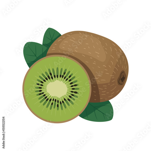 Whole kiwi and Half of fresh kiwi fruit with green leaf isolated on white background. Flat vector illustration