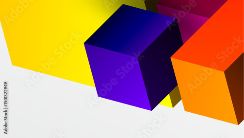 Colorful cubes overlap, creating vibrant gradients. Geometry, light, shadow define abstract composition. Minimalist design, modern aesthetic.