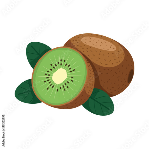 Whole kiwi and Half of fresh kiwi fruit with green leaf isolated on white background. Flat vector illustration
