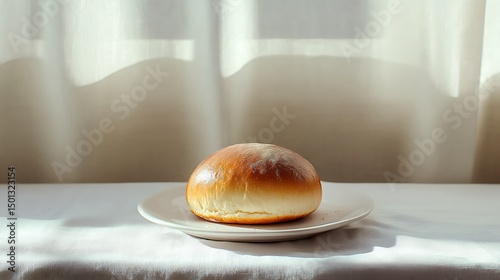 A single bread roll on a white plate with soft lighting