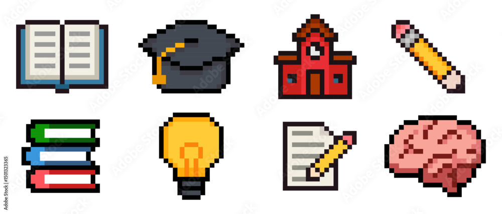 Set of 8 school themed pixel art icons including book, graduation cap, school building, pencil, stacked books, light bulb, brain and writing paper. Colorful and nostalgic 8 bit retro style, perfect