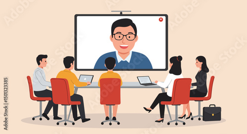 Team meeting with a smiling man on a large screen using laptops and tablets
