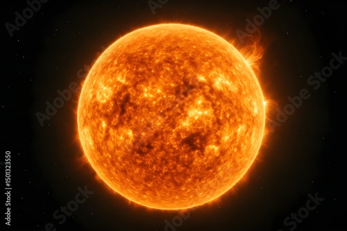 Realistic high-resolution photo of the Sun in space with glowing plasma, sunspots, and dynamic solar flares. Detailed solar surface with sunspots. Sun in outer space showing intense solar activity