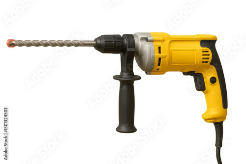 Yellow rotary hammer drill with transparent background for easy isolation