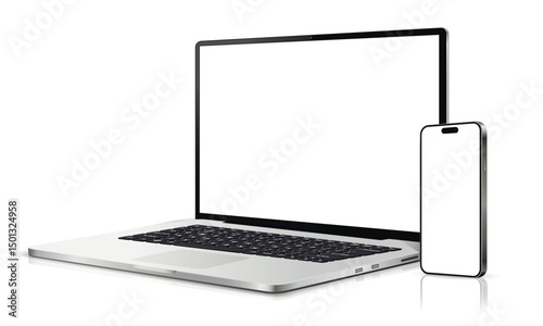Laptop computer and mobile phone mockup. Digital devices screen template.