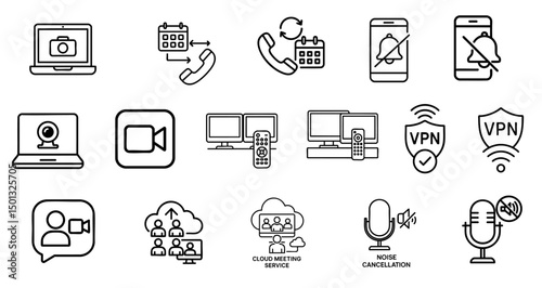 remote work video call efficiency concept. Icons representing communication and technology tools.