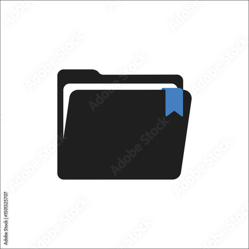 Black folder with a blue bookmark tab representing file storage, document organization, and digital file management isolated on white background