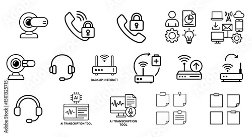 remote work video call efficiency concept. Icons representing technology and communication tools.