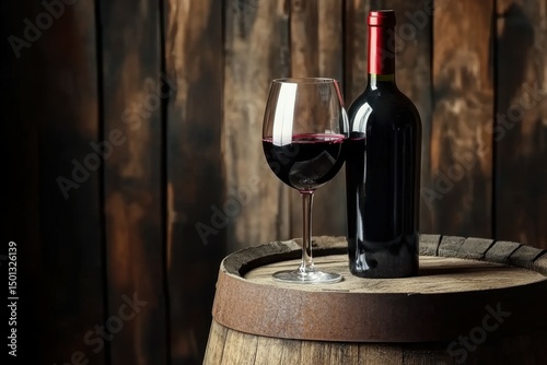 Aromatic Red Wine Tasting Experience Bottle and Glass on Wooden Barrel Surface