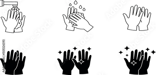 Hand washing icons set, Black vector and line icon, vector illustration