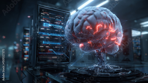 Artificial intelligence or ai isometric concept vector illustration. Virtual human brain over luminous server and connections, future technology icons isolated on ultraviolet banner