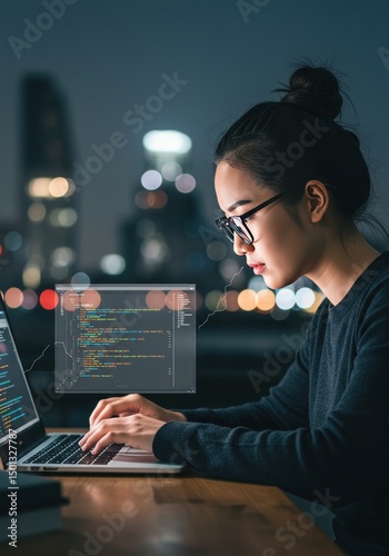 Photo of Asian Woman Coding on Laptop at Night with City Background