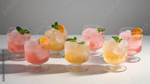 A vibrant array of refreshing cocktails or mocktails, presented in elegant stemmed glasses on a clean white surface against a soft grey background.
