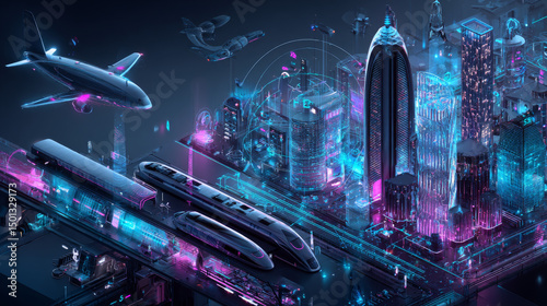 Innovation for urban future isometric landing page. Smart city island with train and airplane transportation, 5g technology and ai robots. Futuristic neon glow smartcity buildings 3d vector web banner