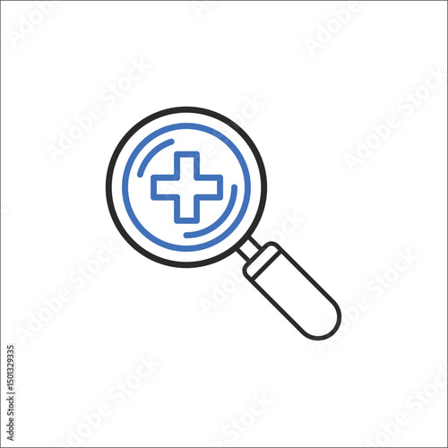 Magnifying glass with plus symbol icon representing zoom in, search enhancement, detail view, and exploration functionality, designed in a simple vector style for user interface applications.

