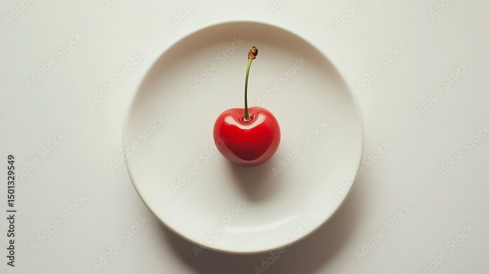 Obraz premium A single red cherry with a stem on a white plate