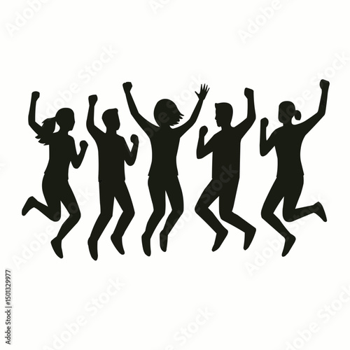 Vector silhouette of a group of people jumping in celebration, minimal flat design, clean lines, high contrast, isolated on white background, scalable and suitable for people silhouettes