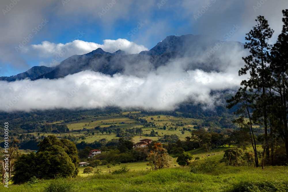 Fototapeta premium Landscape of Volcan town in Chiriqui Province in Panama. Views of Baru volcano in Panama. Calm and green landscape. 