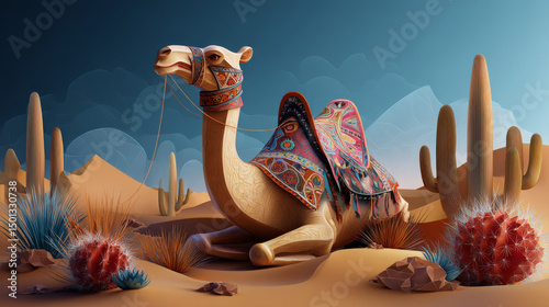 Arabian or Egyptian desert landscape with cute camel with saddle on background of sand dunes, green cactus and grass under blue sunny sky. Cartoon vector African animal in drought yellow sandy hills.